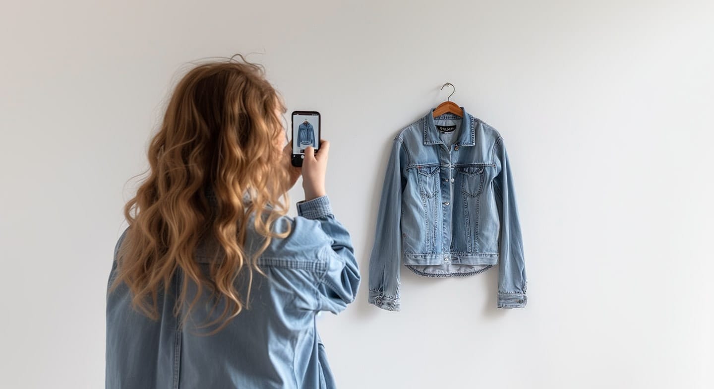 벽에 걸린 데님 셔츠를 스마트폰으로 촬영하고 있는 젊은 여성. 