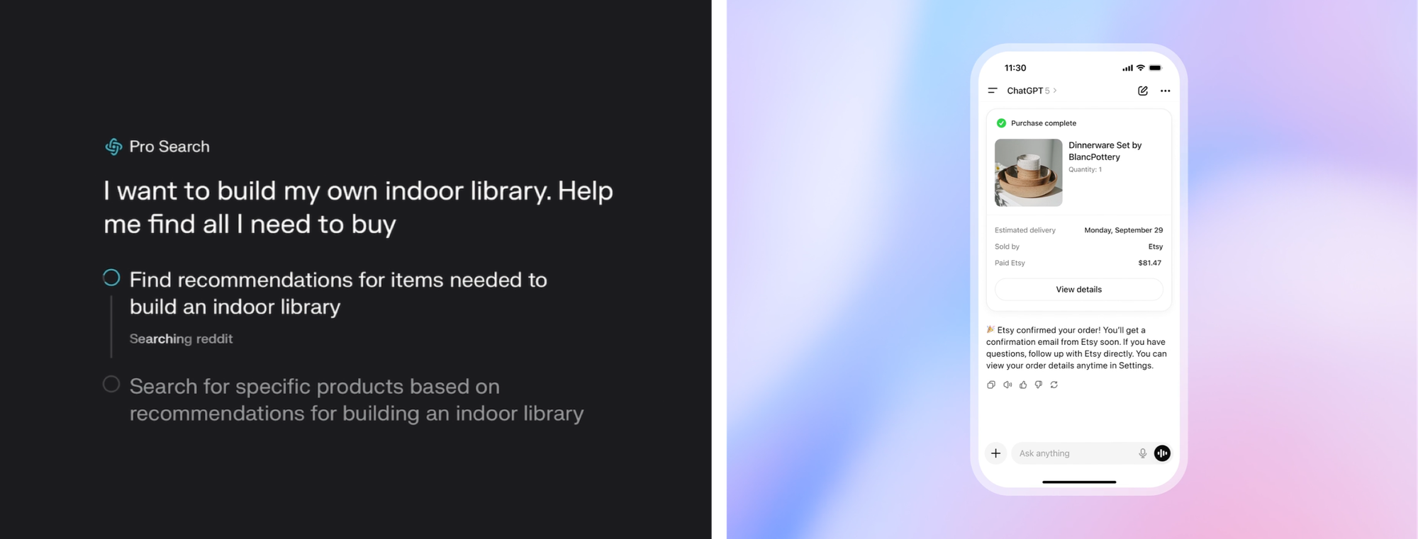 AI 검색 기능으로 제품 추천과 주문까지 자동화된 쇼핑 경험을 보여주는 사용자 인터페이스