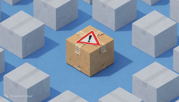 여러 박스들 사이에 경고 스티커가 붙은 오래된 박스가 놓여있다.